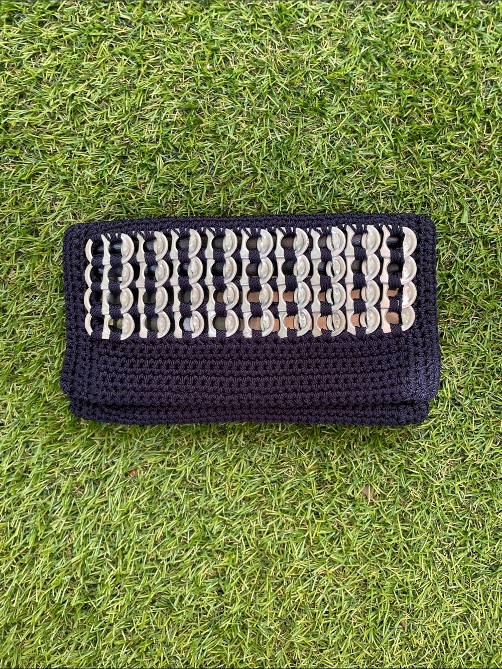 Handcrafted Black Crochet Clutch with Silver Disc Accents